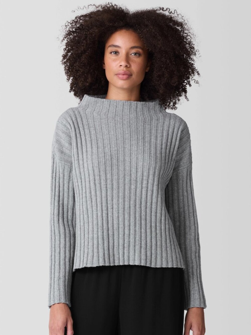 Eileen Fisher Recycled Wool Cashmere Funnel Neck Top Sweater Dark Pearl Gray